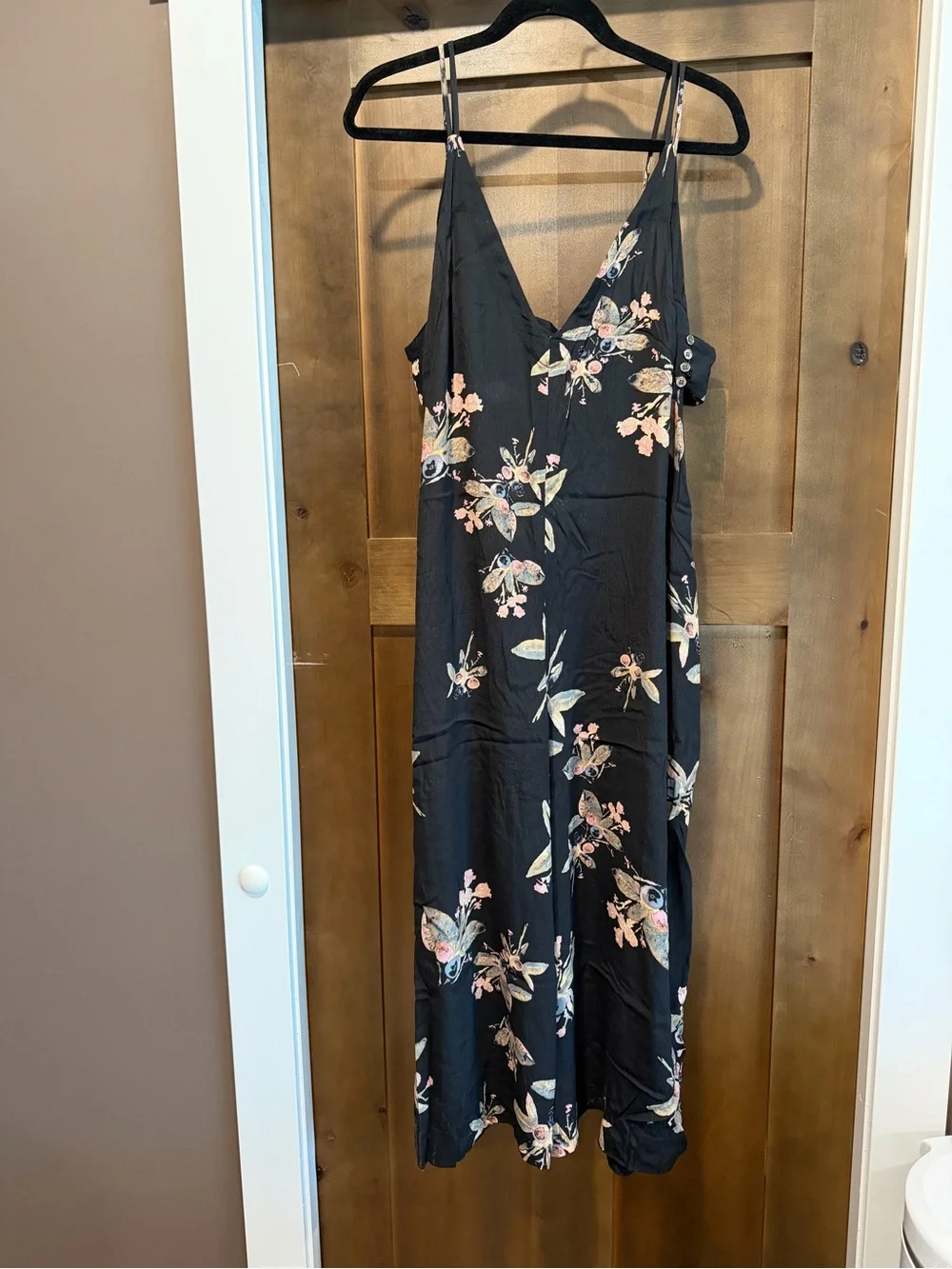 Free People Black Floral Wide-Leg Jumpsuit with Peach & Blue Blooms